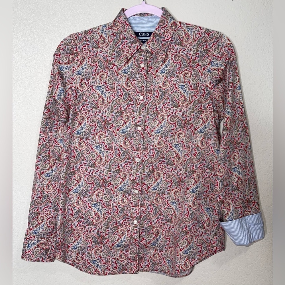Chaps No Iron Paisley Button Up Long Sleeve Flip Cuff Shirt Size Small